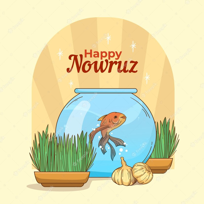 hand drawn happy nowruz illustration with goldfish bowl sprouts 23 2148854788