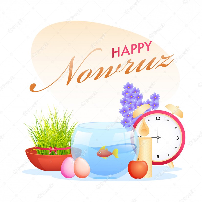 happy nowruz celebration poster design with goldfish bowl alarm clock semeni grass apple eggs illuminated candle hyacinth white background 1302 21928