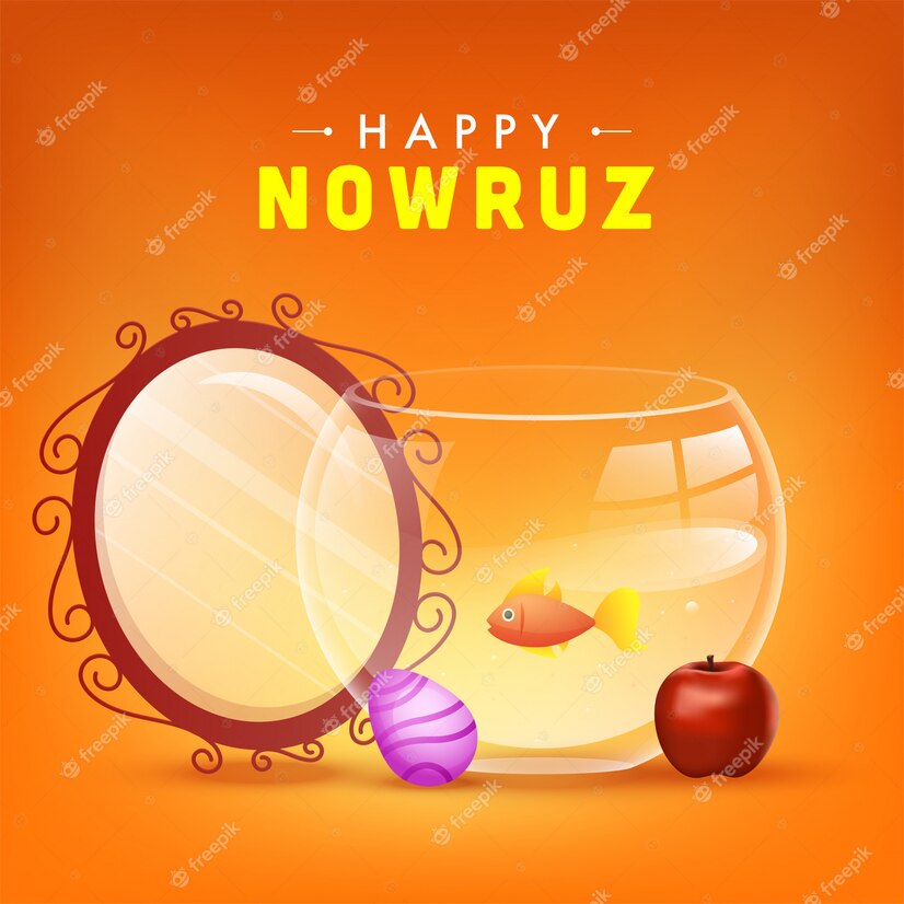 happy nowruz celebration poster design with oval mirror egg apple goldfish bowl orange background 1302 21931