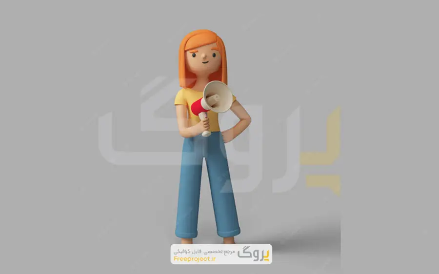 فایل لایه باز شخصیت سه‌بعدیِ زن که با بلندگو صحبت می‌کند