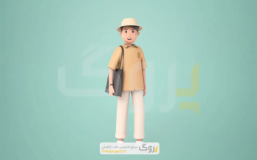 تصویرسازی سه‌بعدی شخصیت کارتونی مردِ جوانِ مسافر با کلاه مکزیکی، کیف دوشی و لبخند