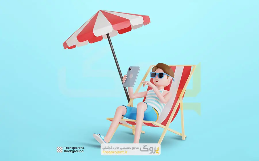 شخصیت سه‌بعدیِ مرد روی صندلی تاشوی تابستانی در حال استراحت و از تبلت استفاده می‌کند