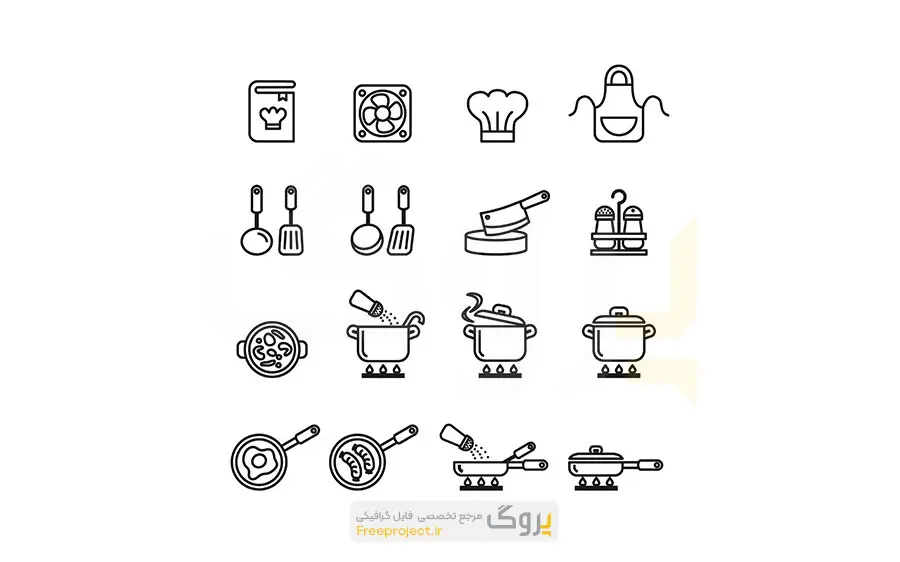 مجموعه آیکون ابزار و وسایل آشپزخانه و آشپزی