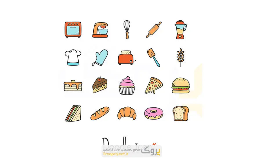 مجموعه آیکون غذا و شیرینی طراحی شده با دست